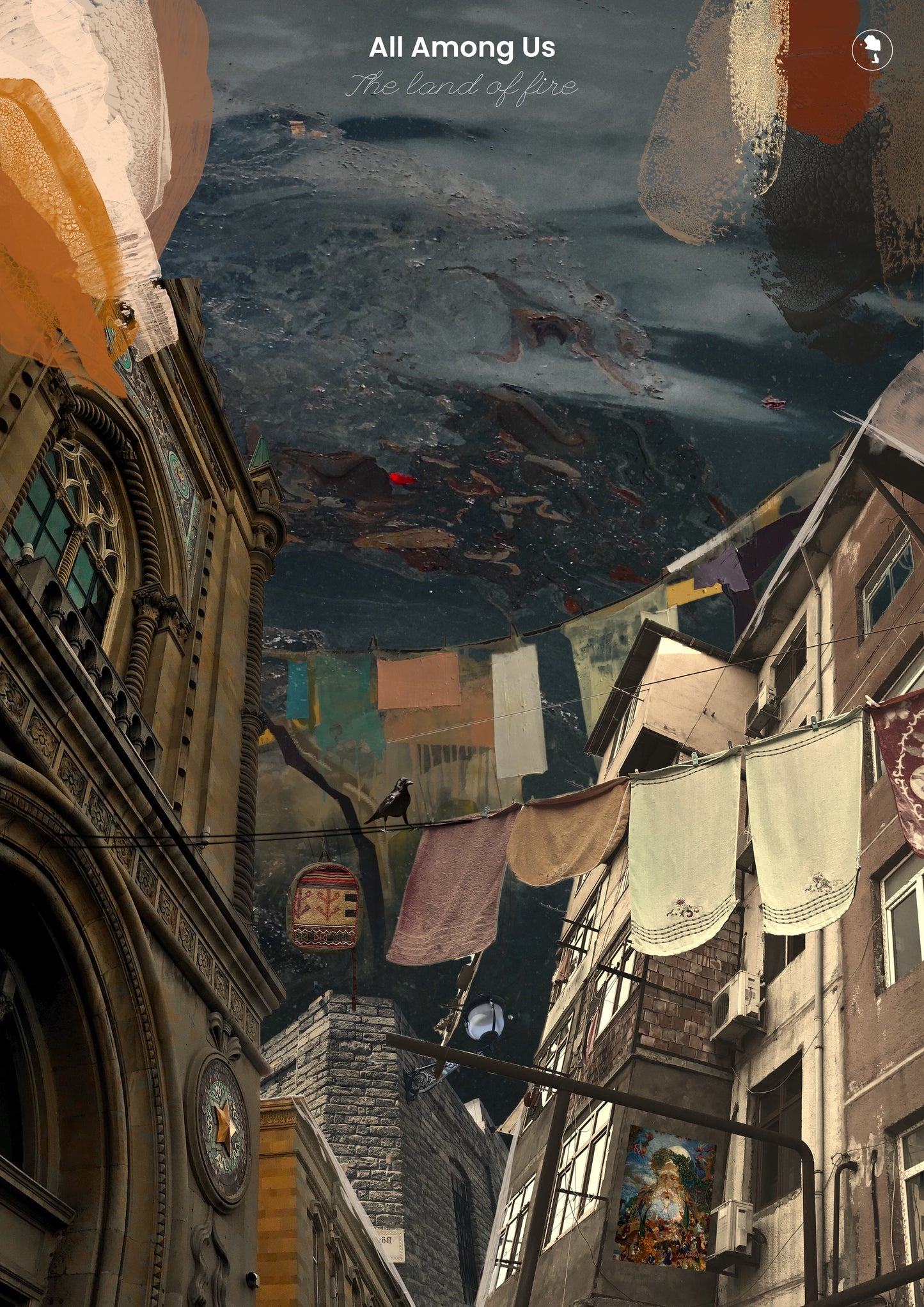 A digital art print collage depicting the cultural fabric of Baku, Azerbaijan.