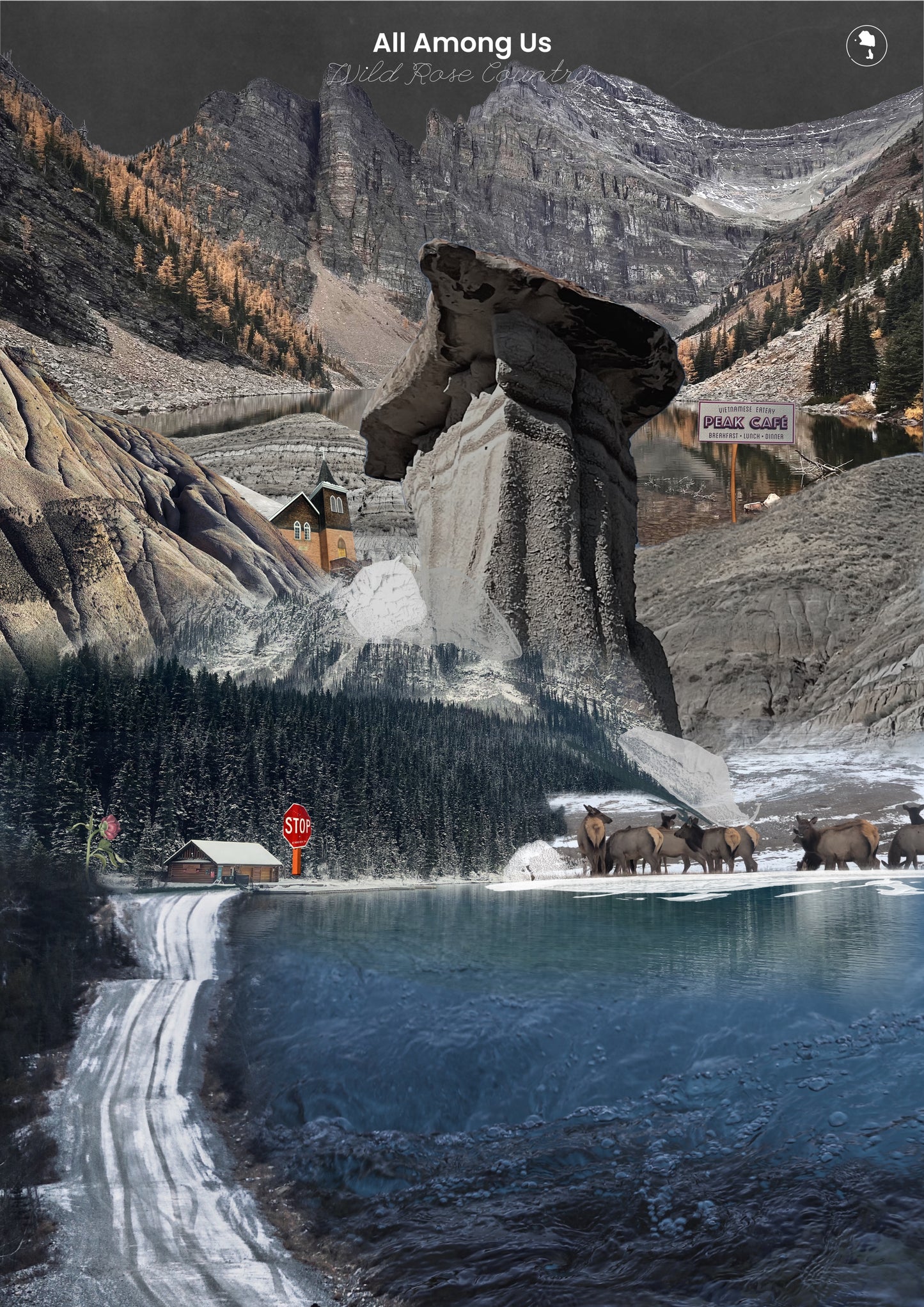 A digital art print collage depicting the cultural fabric of Alberta, Canada. This image includes a collage made out of phtotgraphs of the Rocky Mountains, Drumheller, Banff and wild Alberta.