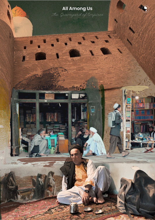 A digital art print collage depicting the cultural fabric of Afghanistan. 